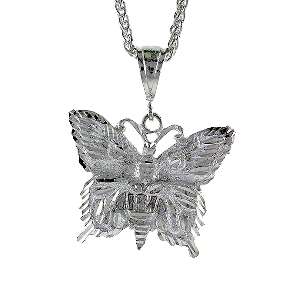 1 1/2 inch Large Sterling Silver Butterfly Pendant for Men Diamond Cut finish