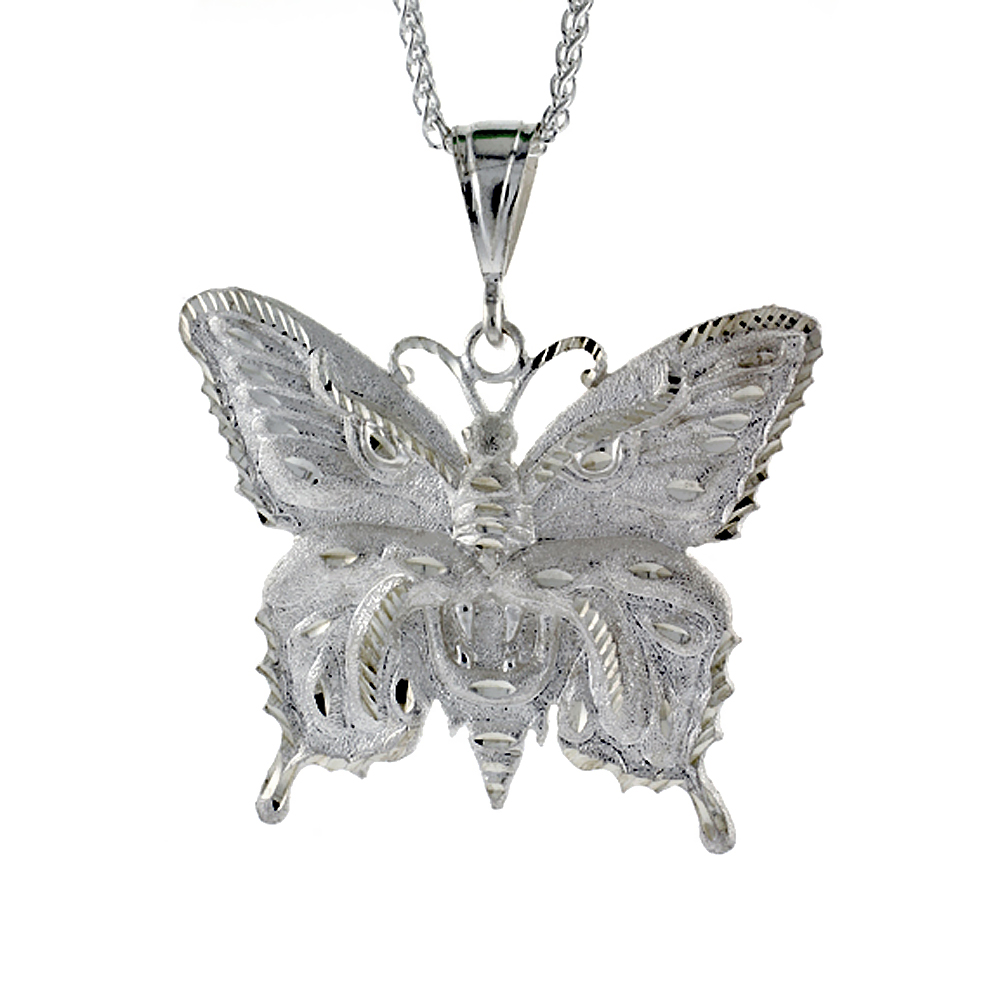 2 1/2 inch Large Sterling Silver Butterfly Pendant for Men Diamond Cut finish