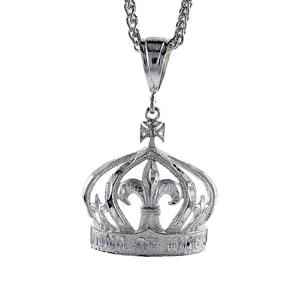 1 1/2 inch Large Sterling Silver Crown Pendant for Men Diamond Cut finish