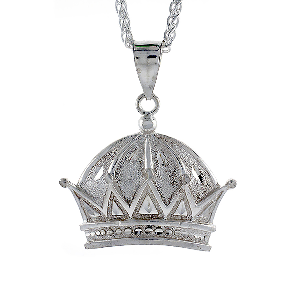 1 1/2 inch Large Sterling Silver Crown Pendant for Men Diamond Cut finish