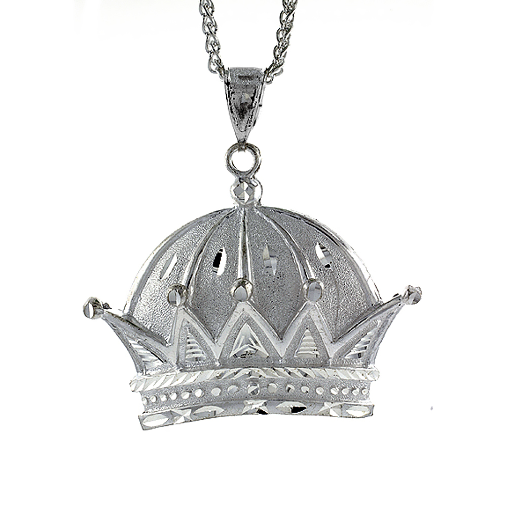 2 1/8 inch Large Sterling Silver Crown Pendant for Men Diamond Cut finish