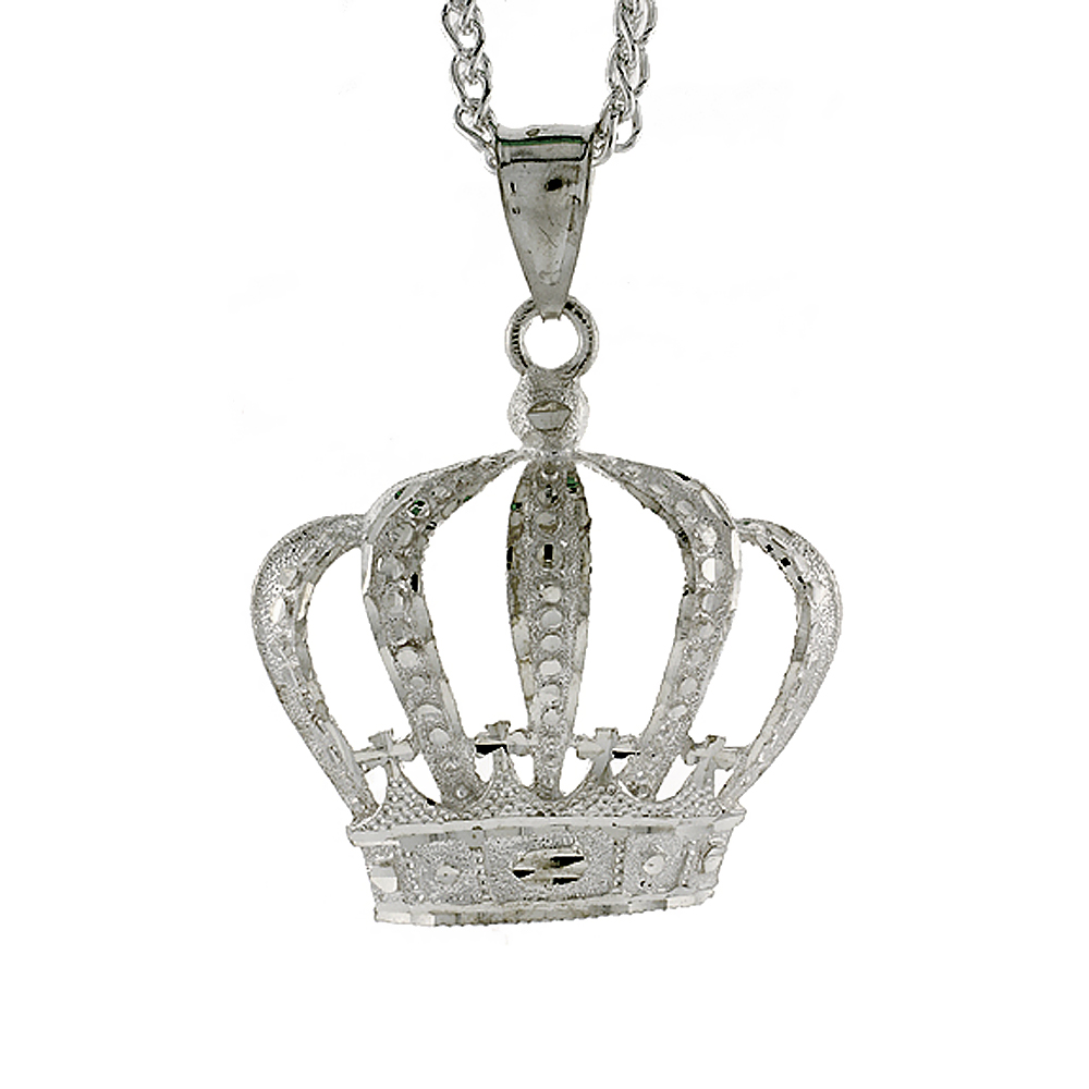 1 3/4 inch Large Sterling Silver Crown Pendant for Men Diamond Cut finish