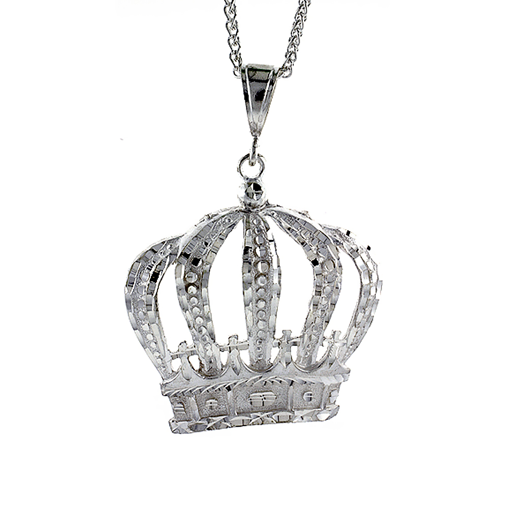 2 1/2 inch Large Sterling Silver Crown Pendant for Men Diamond Cut finish