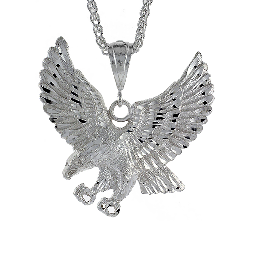 2 7/8 inch Large Sterling Silver Eagle Pendant for Men Diamond Cut finish