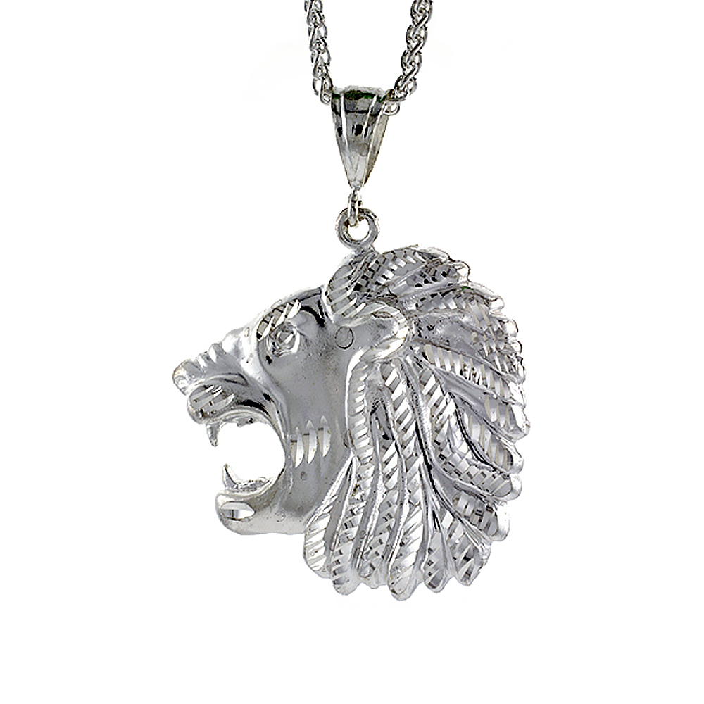 2 1/8 inch Large Sterling Silver Lions Head Pendant for Men Diamond Cut finish