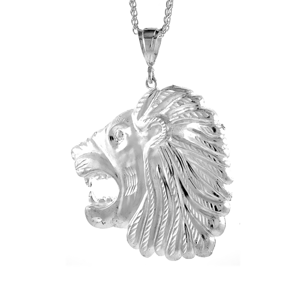 3 1/16 inch Large Sterling Silver Lions Head Pendant for Men Diamond Cut finish