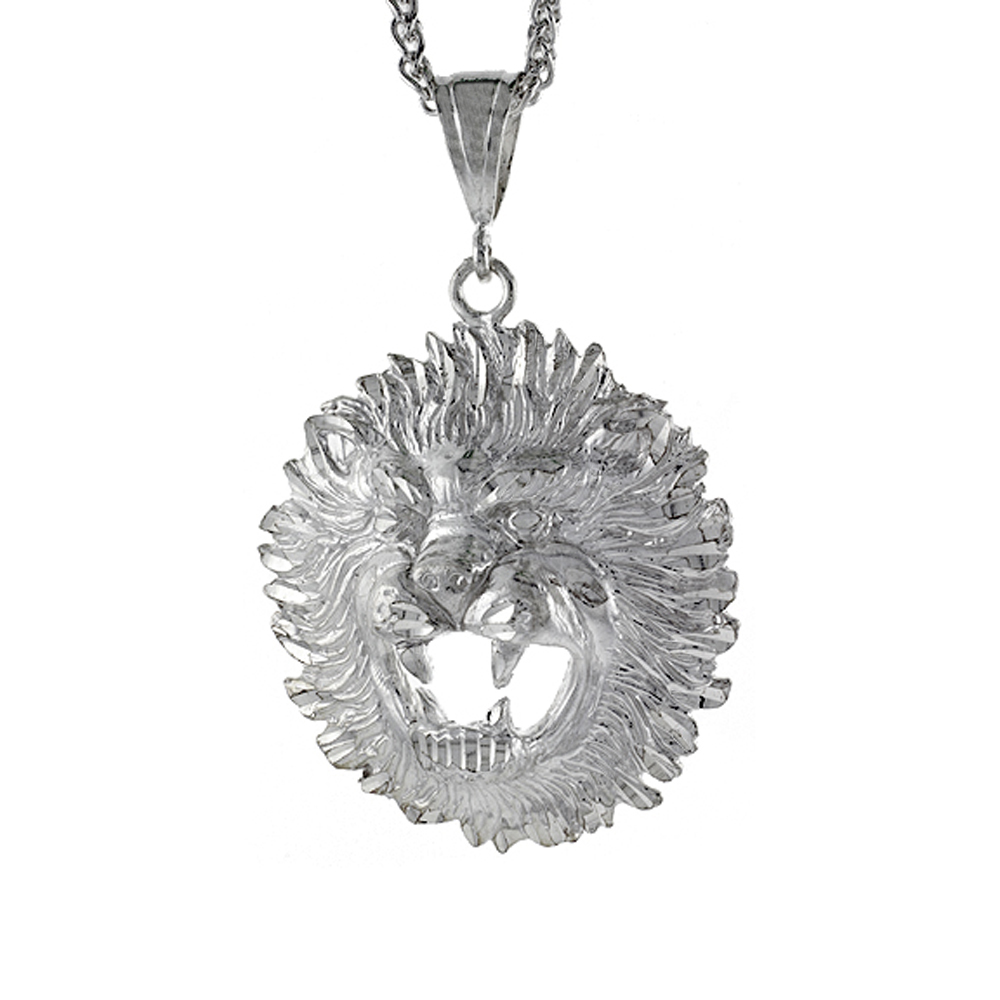 2 1/8 inch Large Sterling Silver Lions Head Pendant for Men Diamond Cut finish