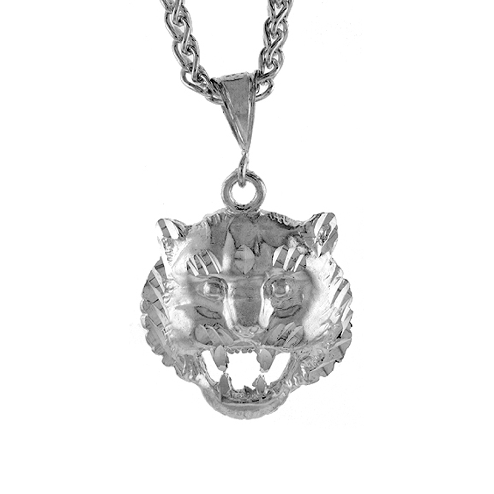 1 1/8 inch Large Sterling Silver Tiger Head Pendant for Men Diamond Cut finish