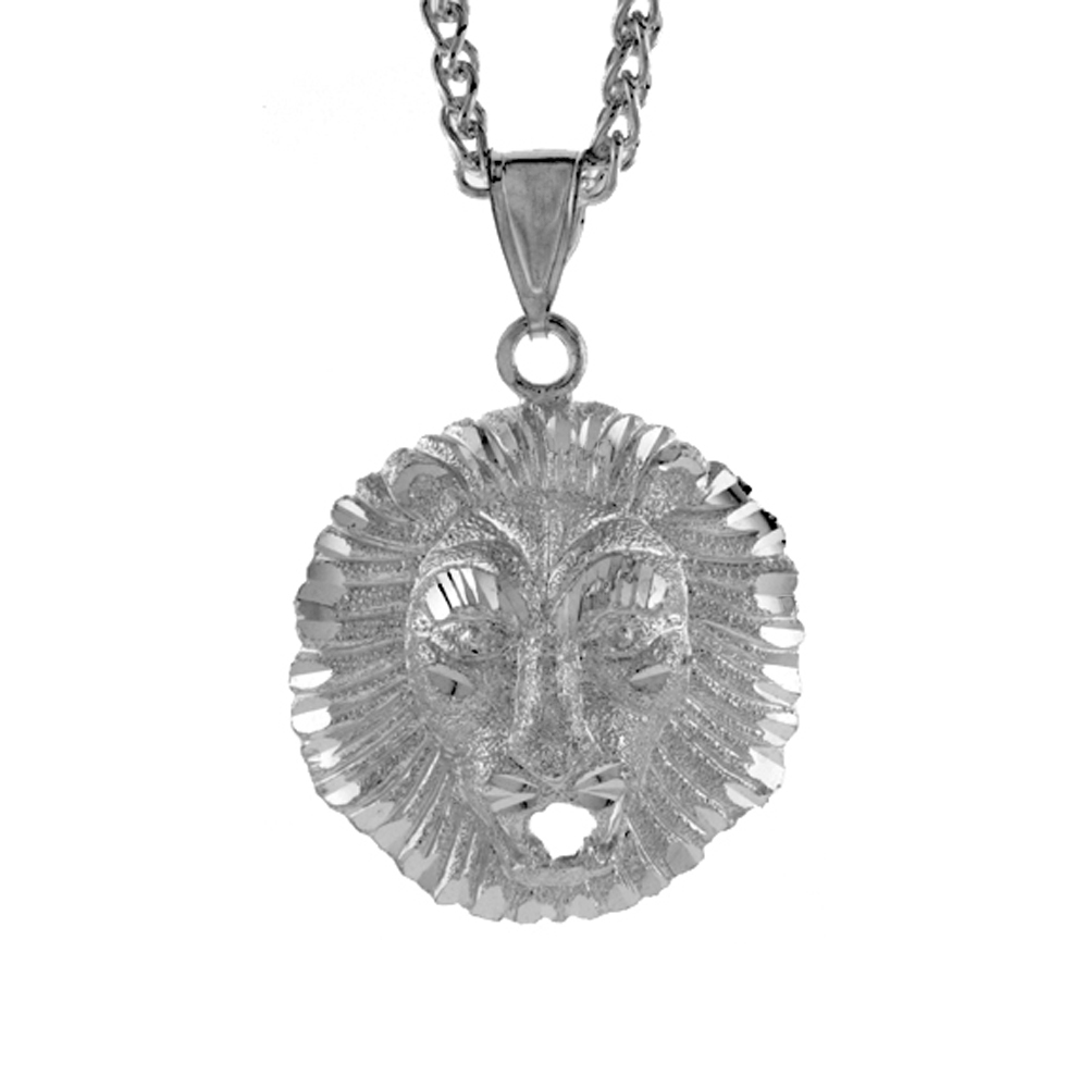 1 3/8 inch Large Sterling Silver Lions Head Pendant for Men Diamond Cut finish