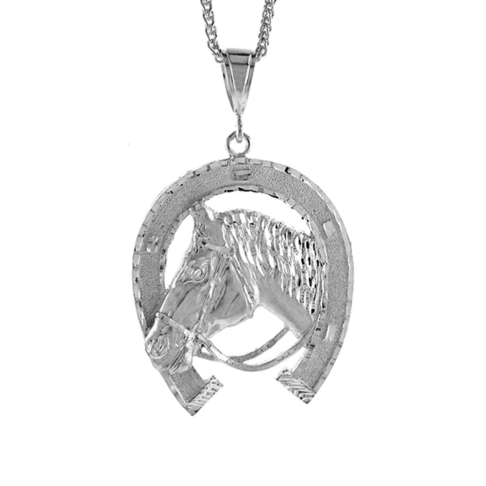 2 3/4 inch Large Sterling Silver Horseshoe with Horsehead Pendant for Men Diamond Cut finish