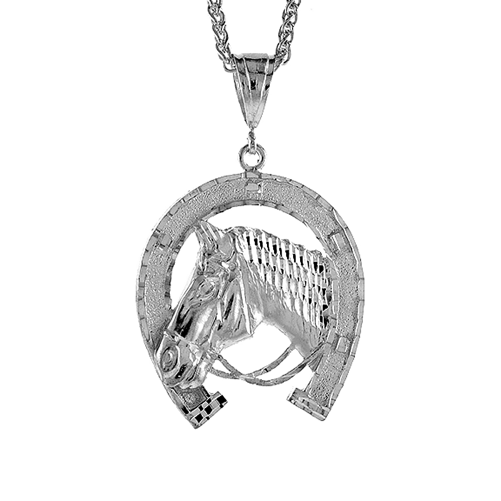 2 1/16 inch Large Sterling Silver Horseshoe with Horsehead Pendant for Men Diamond Cut finish