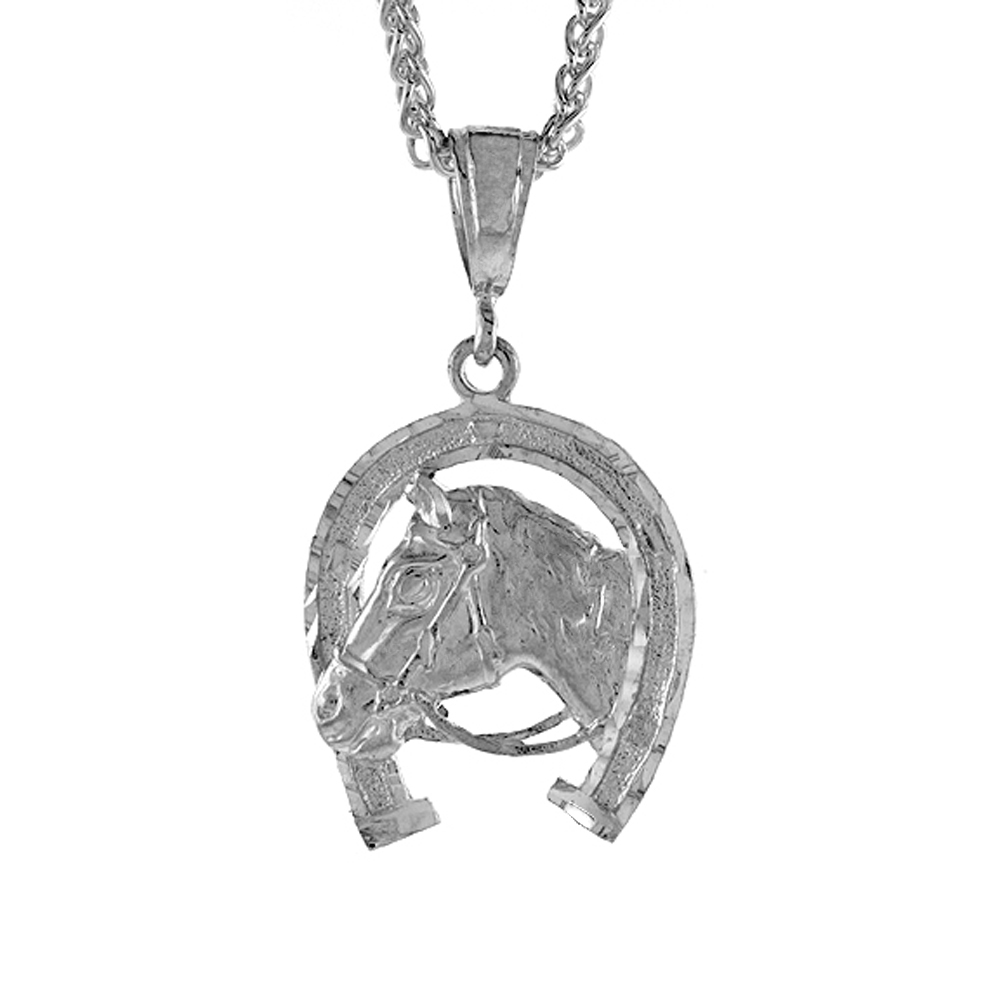 1 5/16 inch Large Sterling Silver Horseshoe with Horsehead Pendant for Men Diamond Cut finish