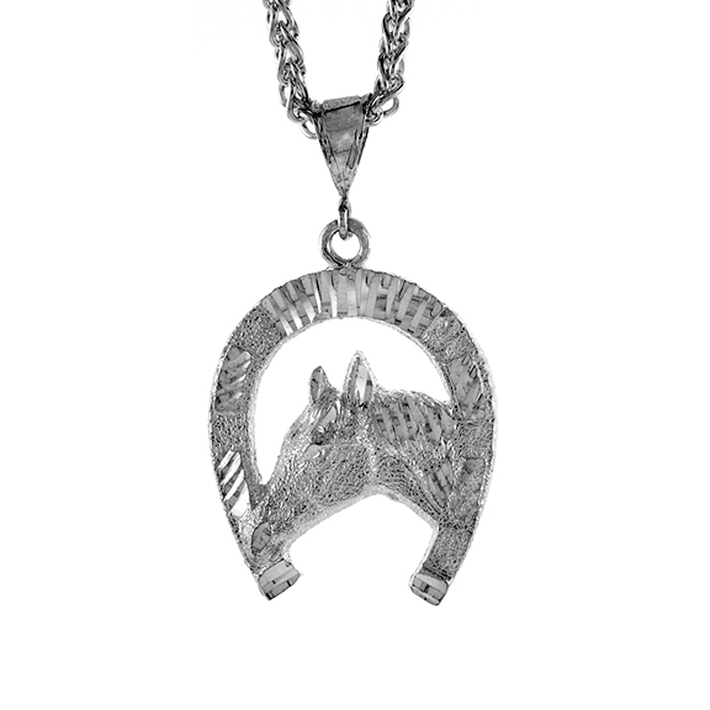 1 3/8 inch Large Sterling Silver Horseshoe with Horsehead Pendant for Men Diamond Cut finish