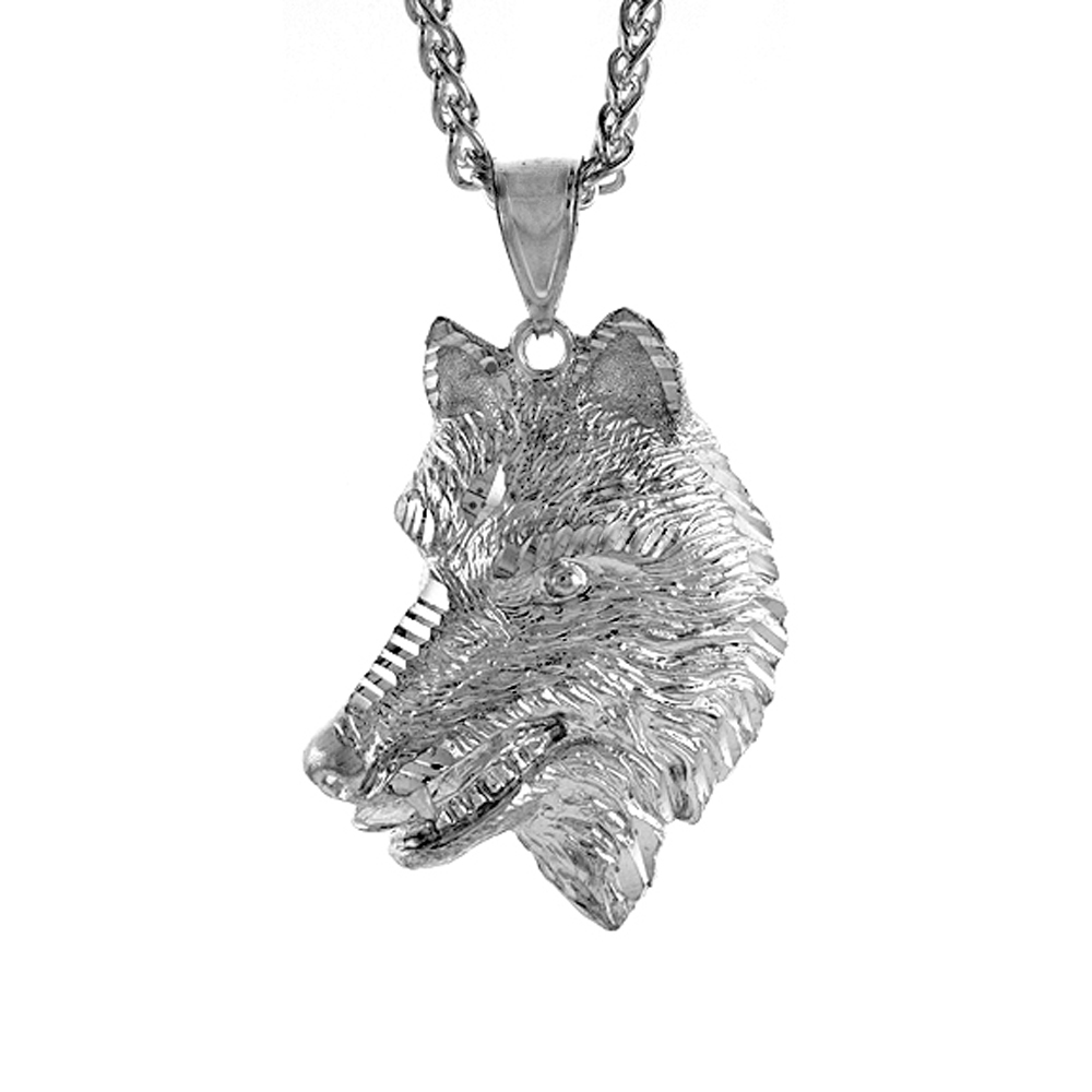 1 3/4 inch Large Sterling Silver Wolfs Head Pendant for Men Diamond Cut finish