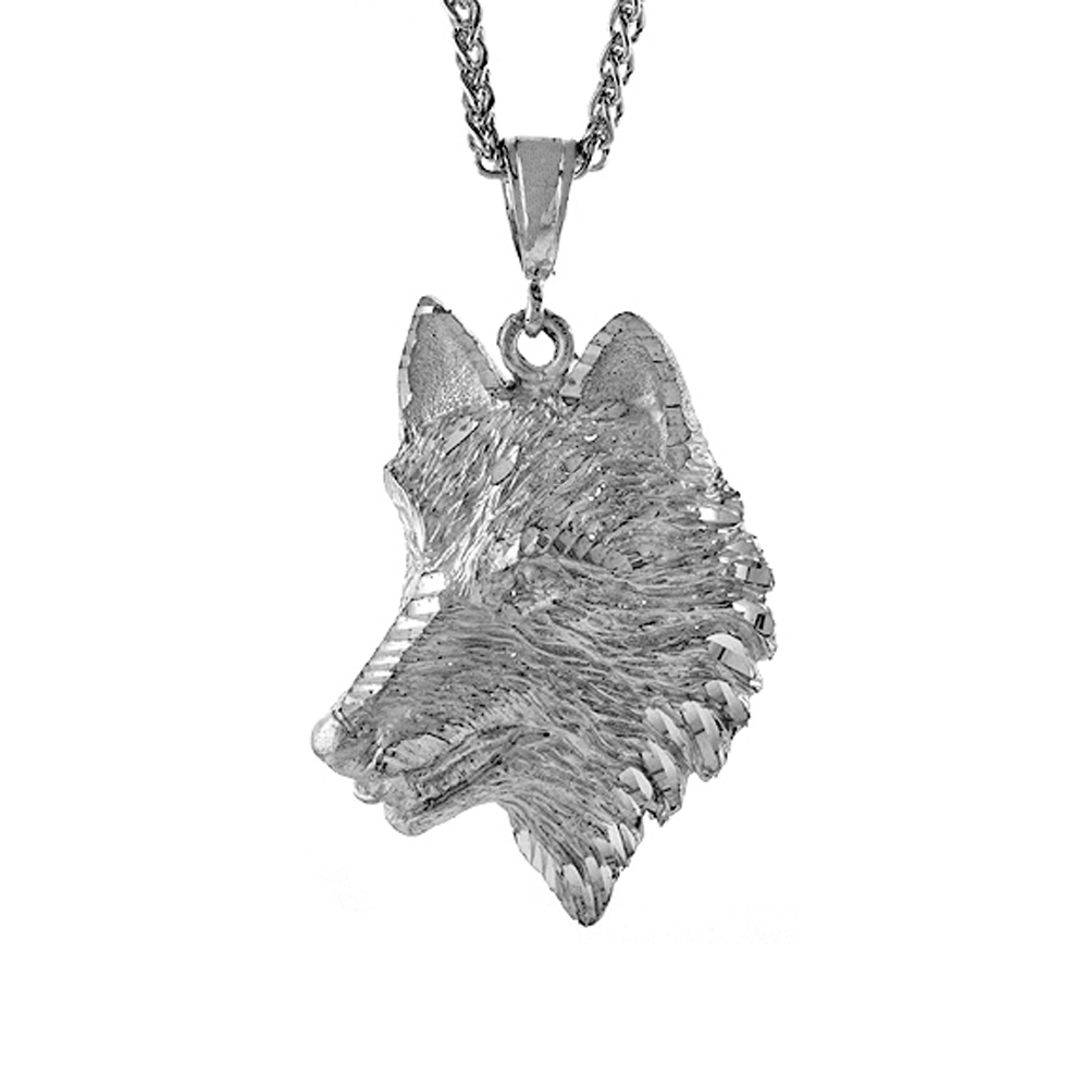 2 1/2 inch Large Sterling Silver Wolfs Head Pendant for Men Diamond Cut finish