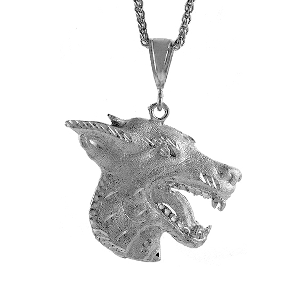 2 1/8 inch Large Sterling Silver Wolfs Head Pendant for Men Diamond Cut finish