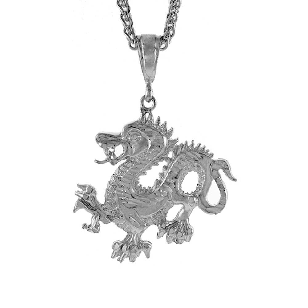 1 5/8 inch Large Sterling Silver Chinese Dragon Pendant for Men Diamond Cut finish