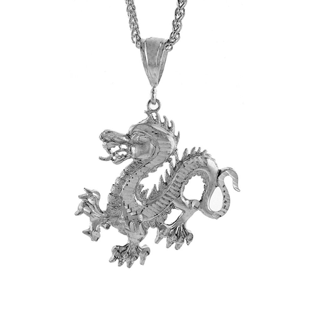 2 inch Large Sterling Silver Chinese Dragon Pendant for Men Diamond Cut finish