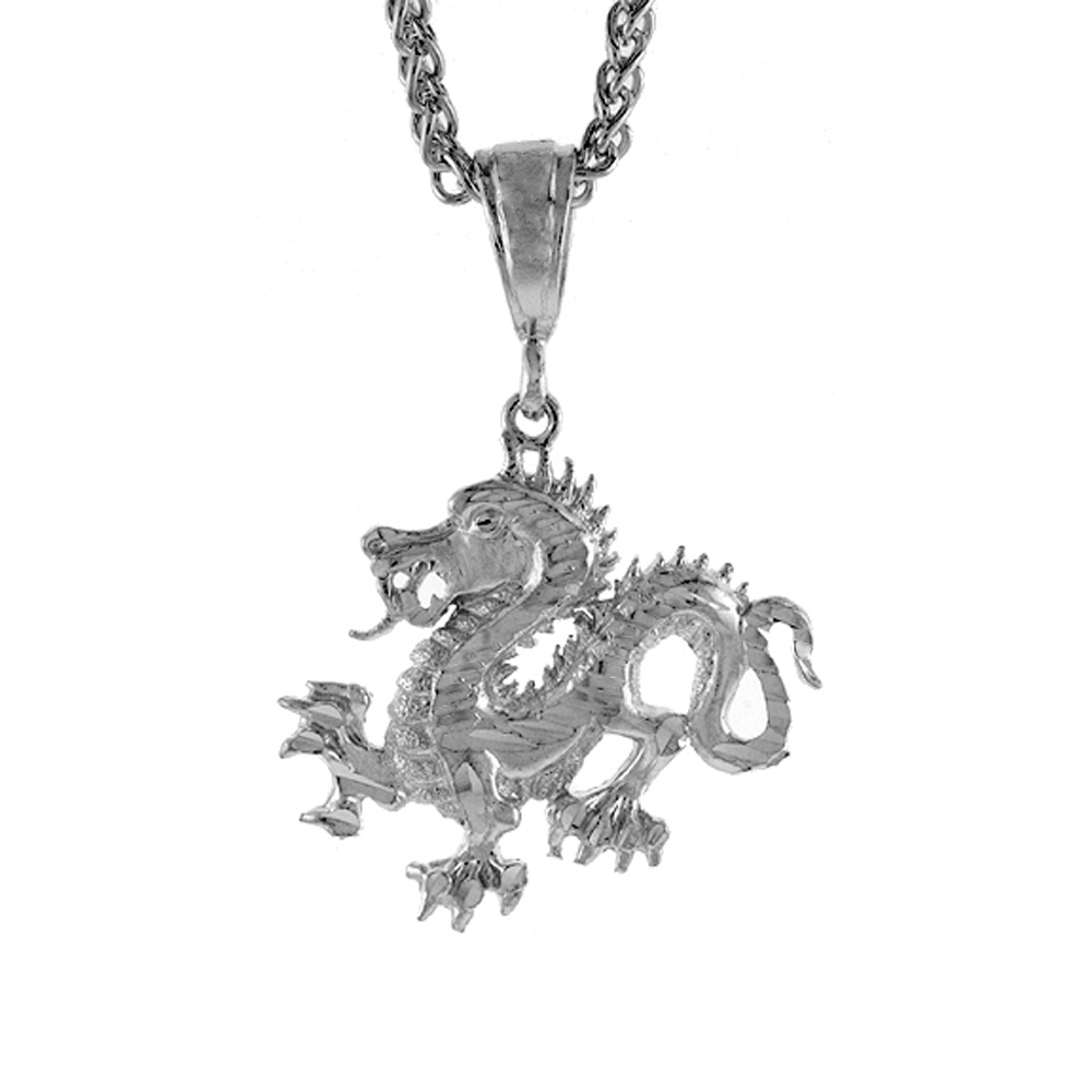 1 1/4 inch Large Sterling Silver Chinese Dragon Pendant for Men Diamond Cut finish