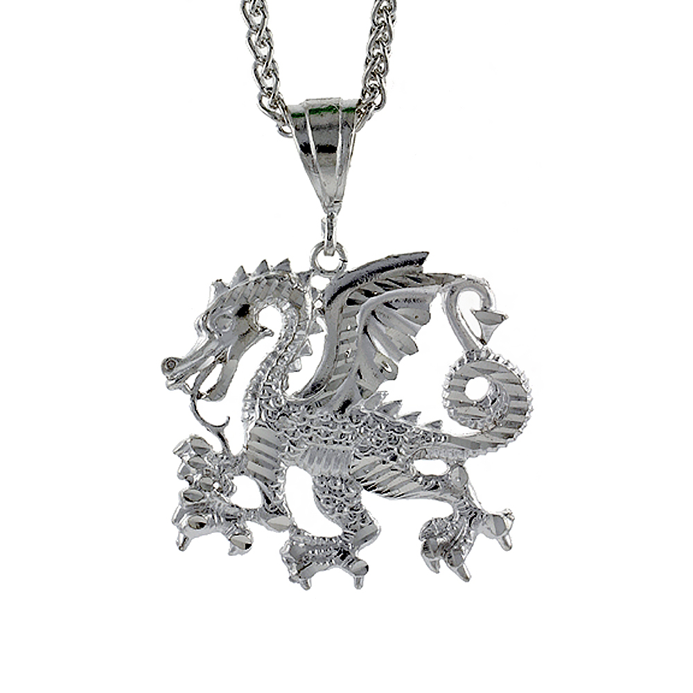 1 5/8 inch Large Sterling Silver Dragon Pendant for Men Diamond Cut finish