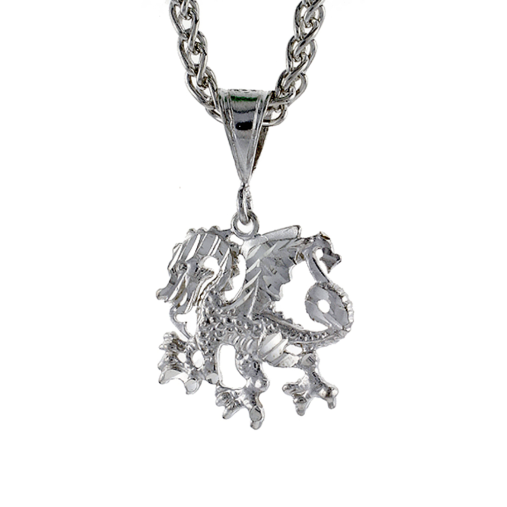 1 inch Sterling Silver Small Dragon Pendant for Men Diamond Cut finish