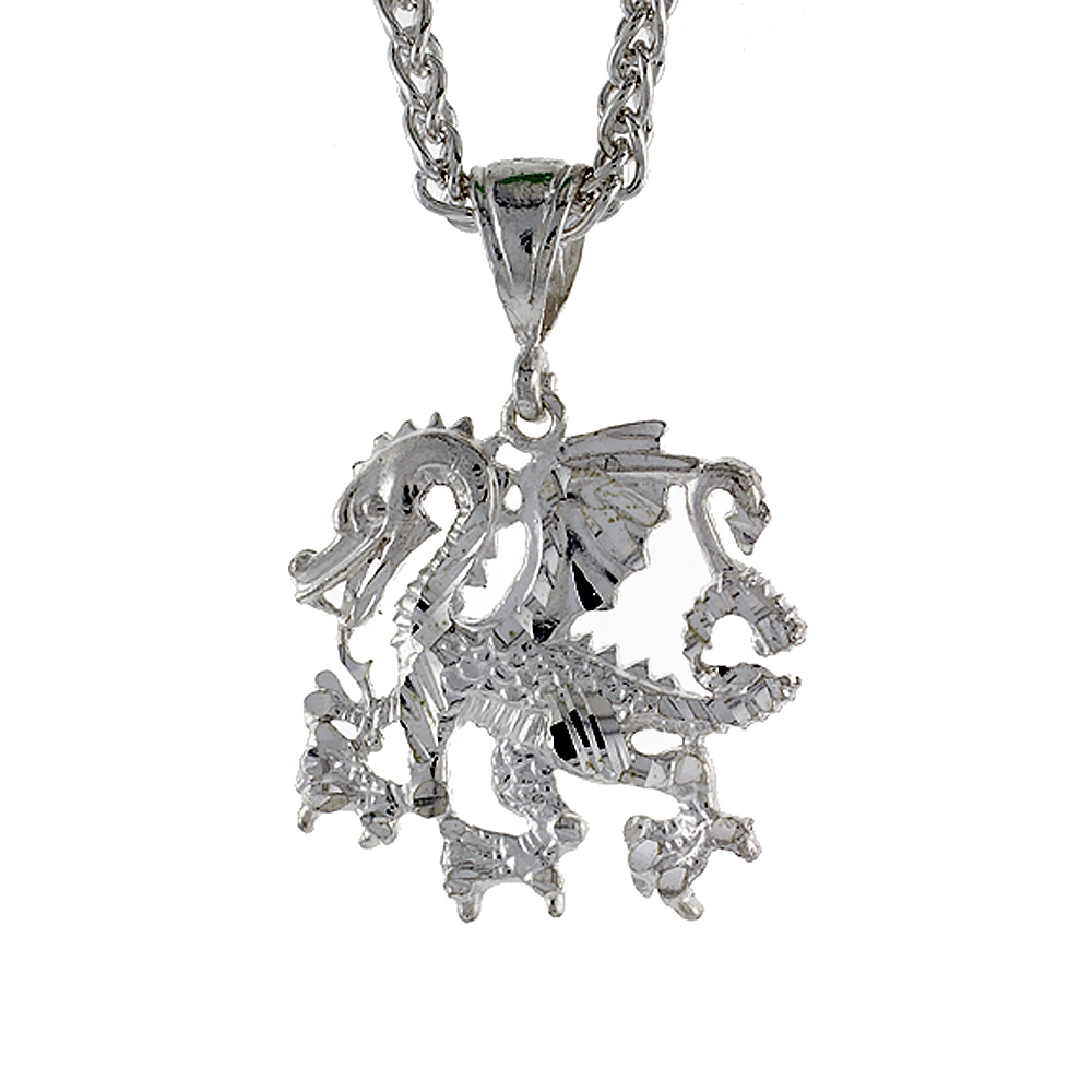 1 1/4 inch Large Sterling Silver Dragon Pendant for Men Diamond Cut finish