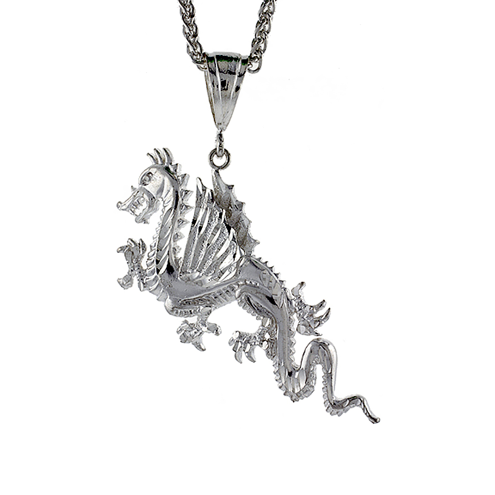 2 3/4 inch Large Sterling Silver Dragon Pendant for Men Diamond Cut finish