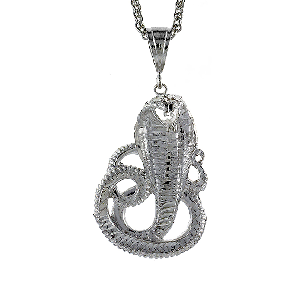 2 1/4 inch Large Sterling Silver Cobra Snake Pendant for Men Diamond Cut finish