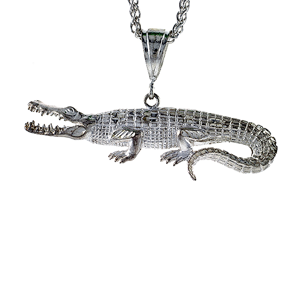 3 1/16 inch Large Sterling Silver Alligator Pendant for Men Diamond Cut finish