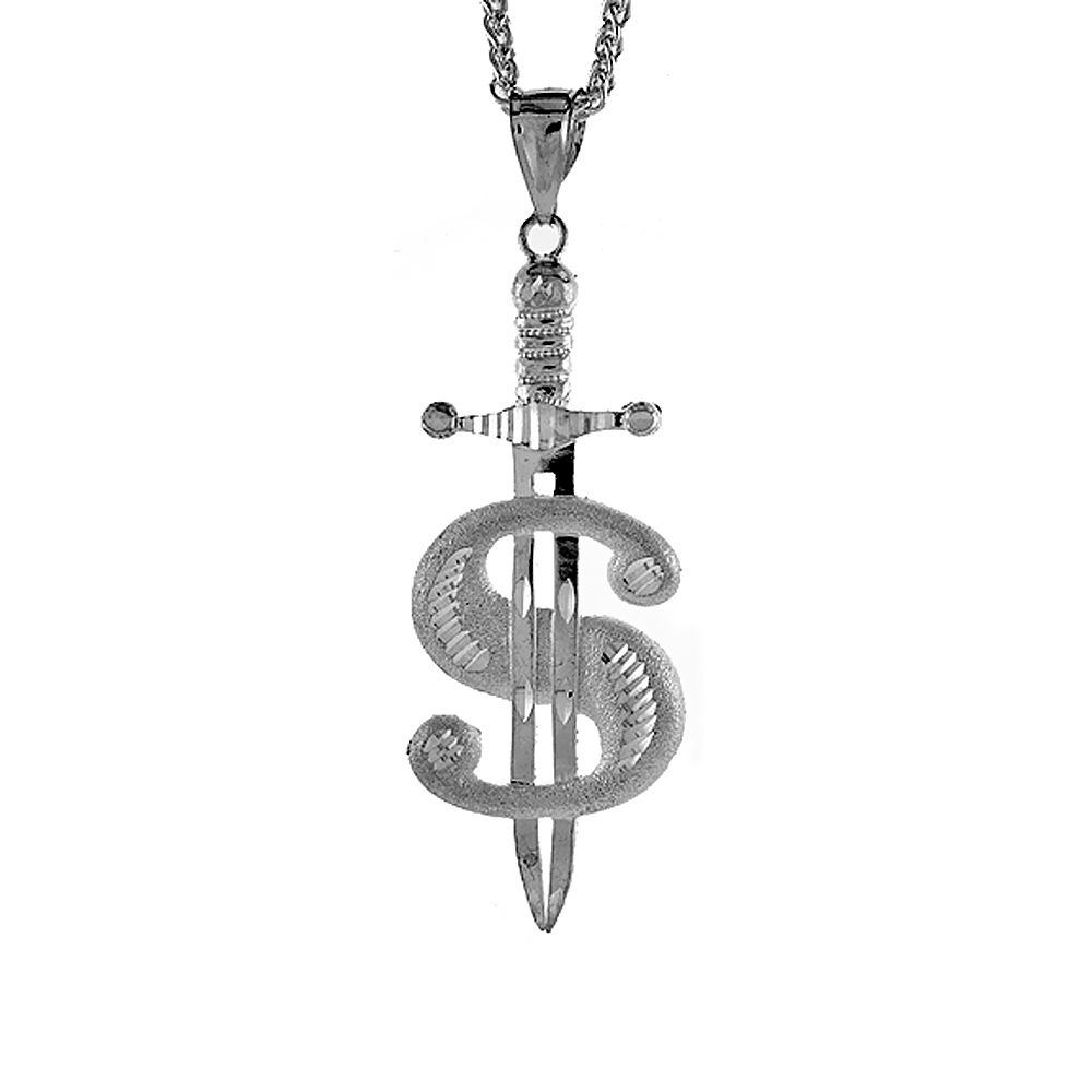 3 inch Large Sterling Silver Dollar Sign with Sword Pendant for Men Diamond Cut finish