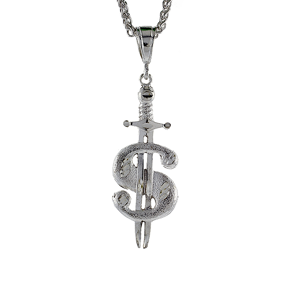 2 3/16 inch Large Sterling Silver Dollar Sign with Sword Pendant for Men Diamond Cut finish