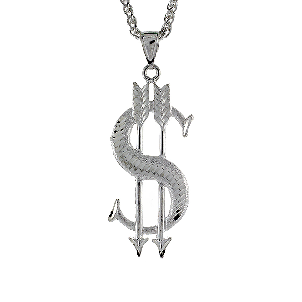 2 3/16 inch Large Sterling Silver Dollar Sign with Arrows Pendant for Men Diamond Cut finish