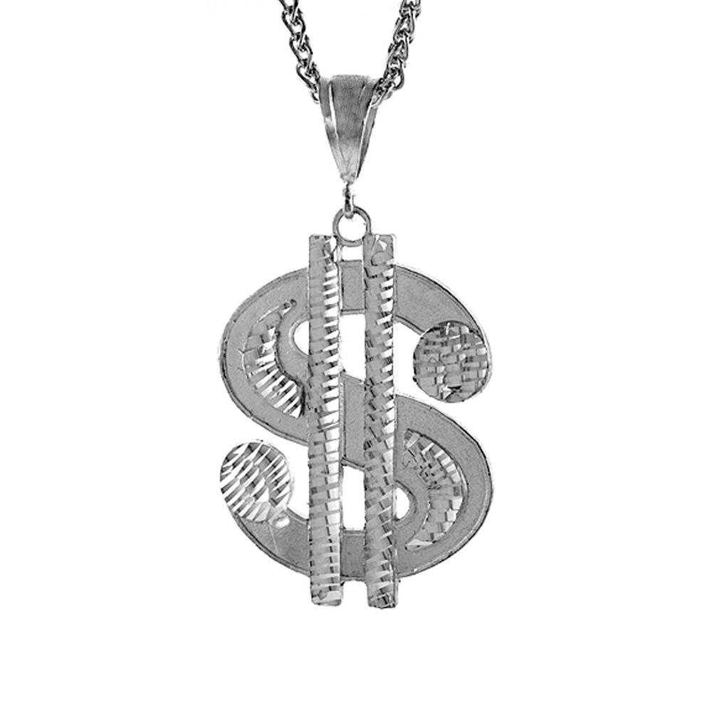 2 1/8 inch Large Sterling Silver Dollar Sign Pendant for Men Diamond Cut finish