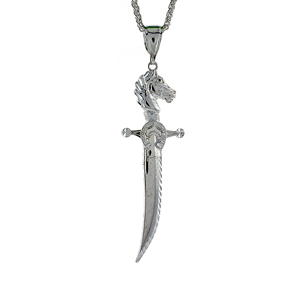 3 1/2 inch Large Sterling Silver Sword with Horse Hilt Pendant for Men Diamond Cut finish