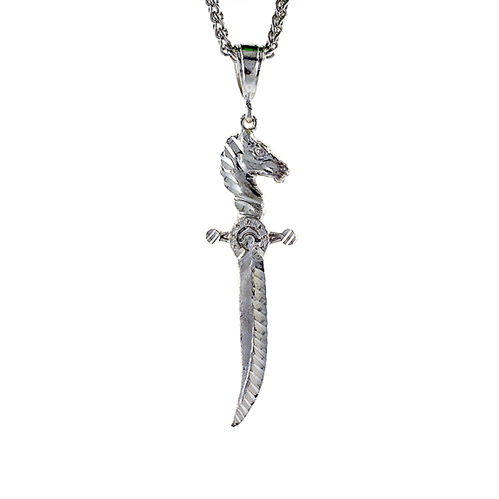 2 3/4 inch Large Sterling Silver Sword with Horse Hilt Pendant for Men Diamond Cut finish