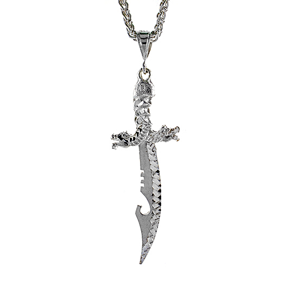 2 1/2 inch Large Sterling Silver Sword with Dragon Guard Pendant for Men Diamond Cut finish