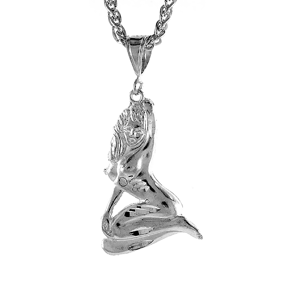 1 3/8 inch Large Sterling Silver Nude Model Pendant for Men Diamond Cut finish