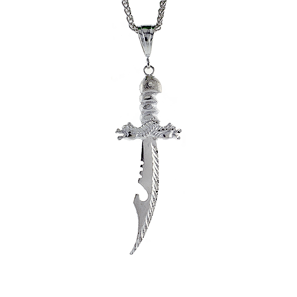 3 5/16 inch Large Sterling Silver Sword with Dragon Guard Pendant for Men Diamond Cut finish