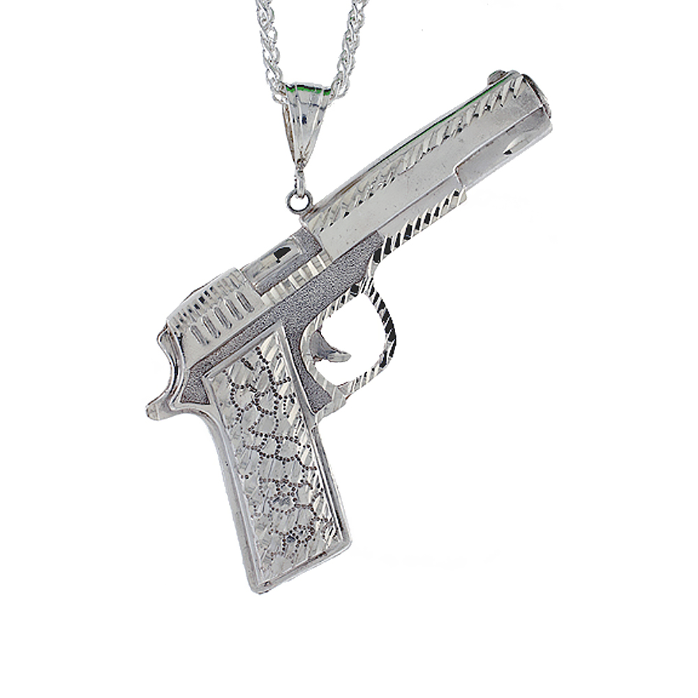 3 3/4 inch Large Sterling Silver Colt 45 Pistol Pendant for Men Diamond Cut finish