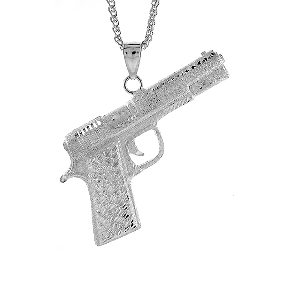 3 inch Large Sterling Silver Colt 45 Pistol Pendant for Men Diamond Cut finish