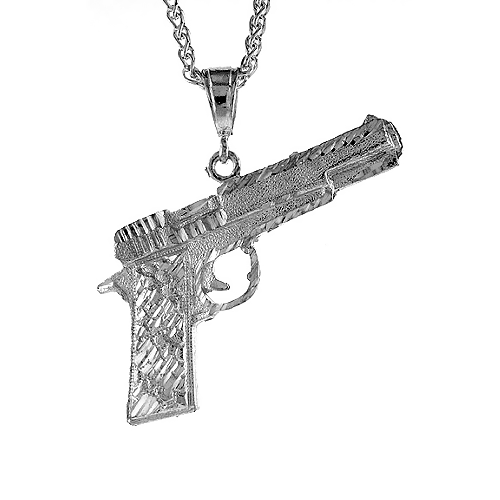 2 3/4 inch Large Sterling Silver Colt 45 Pistol Pendant for Men Diamond Cut finish