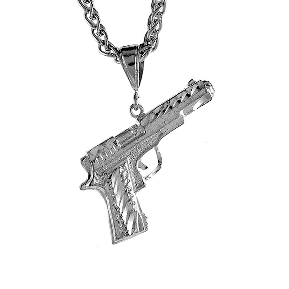 1 1/2 inch Large Sterling Silver Small Colt 45 Pistol Pendant for Men Diamond Cut finish