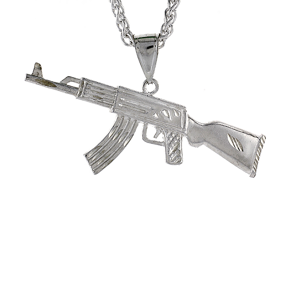 2 1/2 inch Large Sterling Silver Long AK47 Pendant for Men Diamond Cut finish