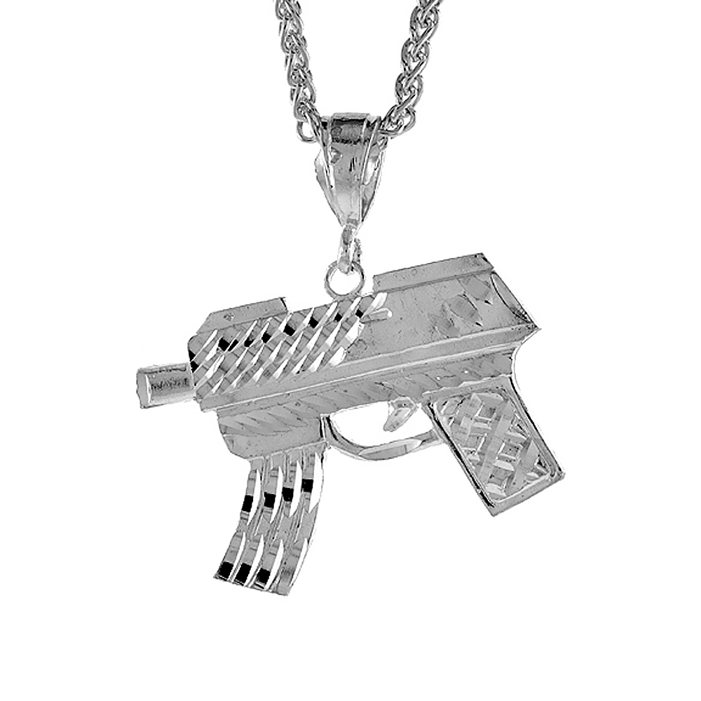 1 5/16 inch Large Sterling Silver Gun Uzi Pendant for Men Diamond Cut finish