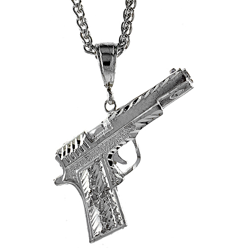 2 inch Large Sterling Silver Colt 45 Pistol Pendant for Men Diamond Cut finish