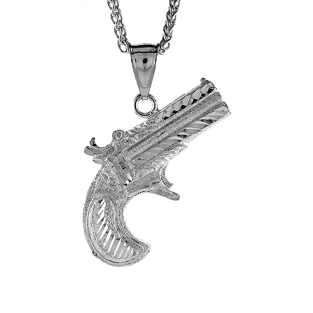 1 3/16 inch Large Sterling Silver Derringer Pistol Pendant for Men Diamond Cut finish