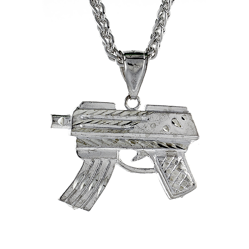 1 inch (25 mm) Large Sterling Silver Small Gun (Uzi) Pendant for Men Diamond Cut finish