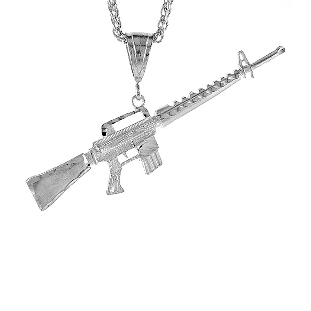 7/8 inch Large Sterling Silver M-16 Rifle Pendant for Men Diamond Cut finish