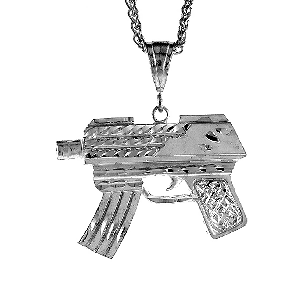 1 5/8 inch Large Sterling Silver Gun Uzi Pendant for Men Diamond Cut finish