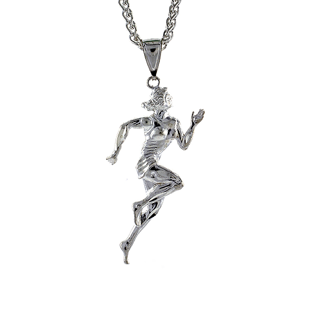 2 3/16 inch Large Sterling Silver Runner Pendant for Men Diamond Cut finish